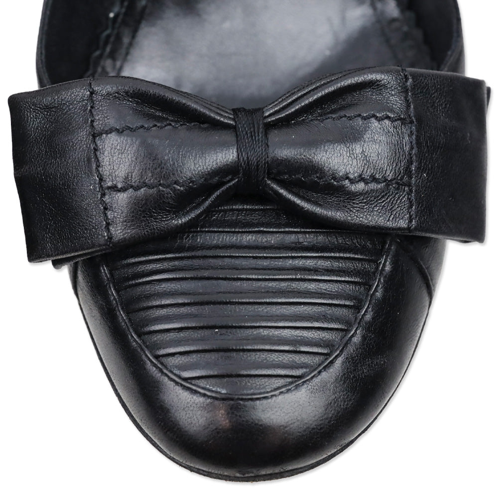 Chanel Black Leather Ribbed Toe Bow Accent Pumps