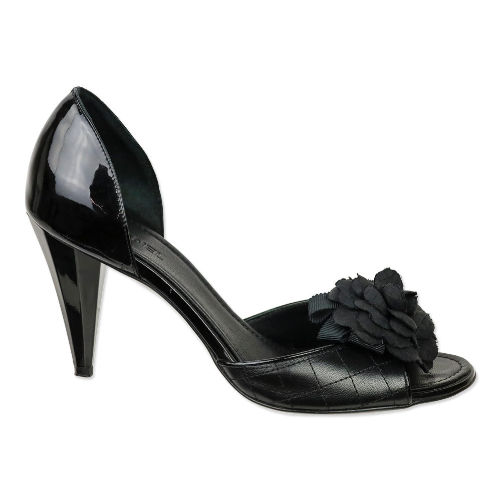 Chanel Black Quilted Leather Flower Accent D'Orsay Peep Toe Pump