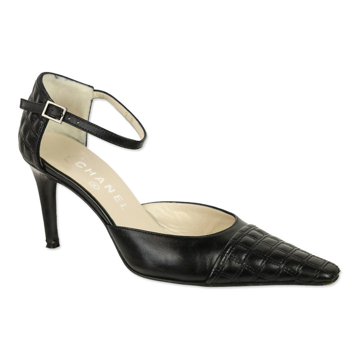 Chanel Black Square Quilted Leather Ankle-Strap D'Orsay Sandal