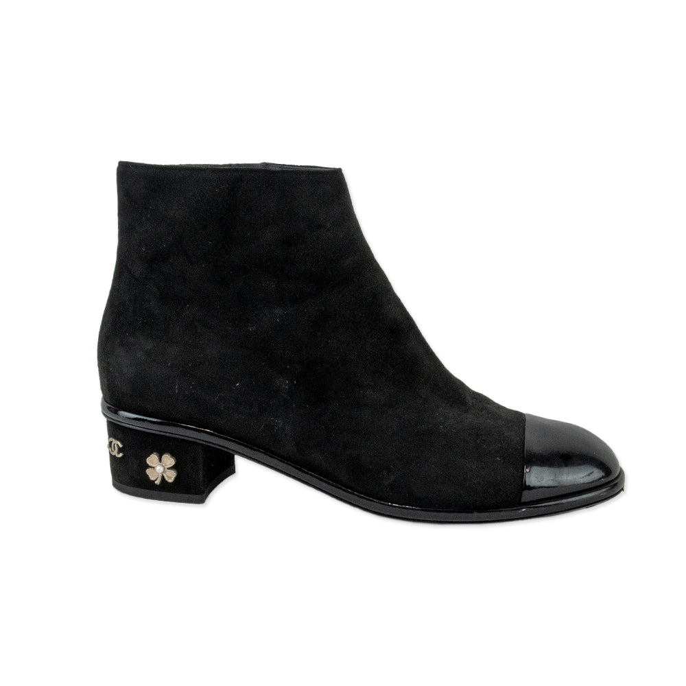 Chanel Black Suede Cap Toe Ankle Boots with Embellished Heel | DBLTKE  Luxury Consignment Boutique