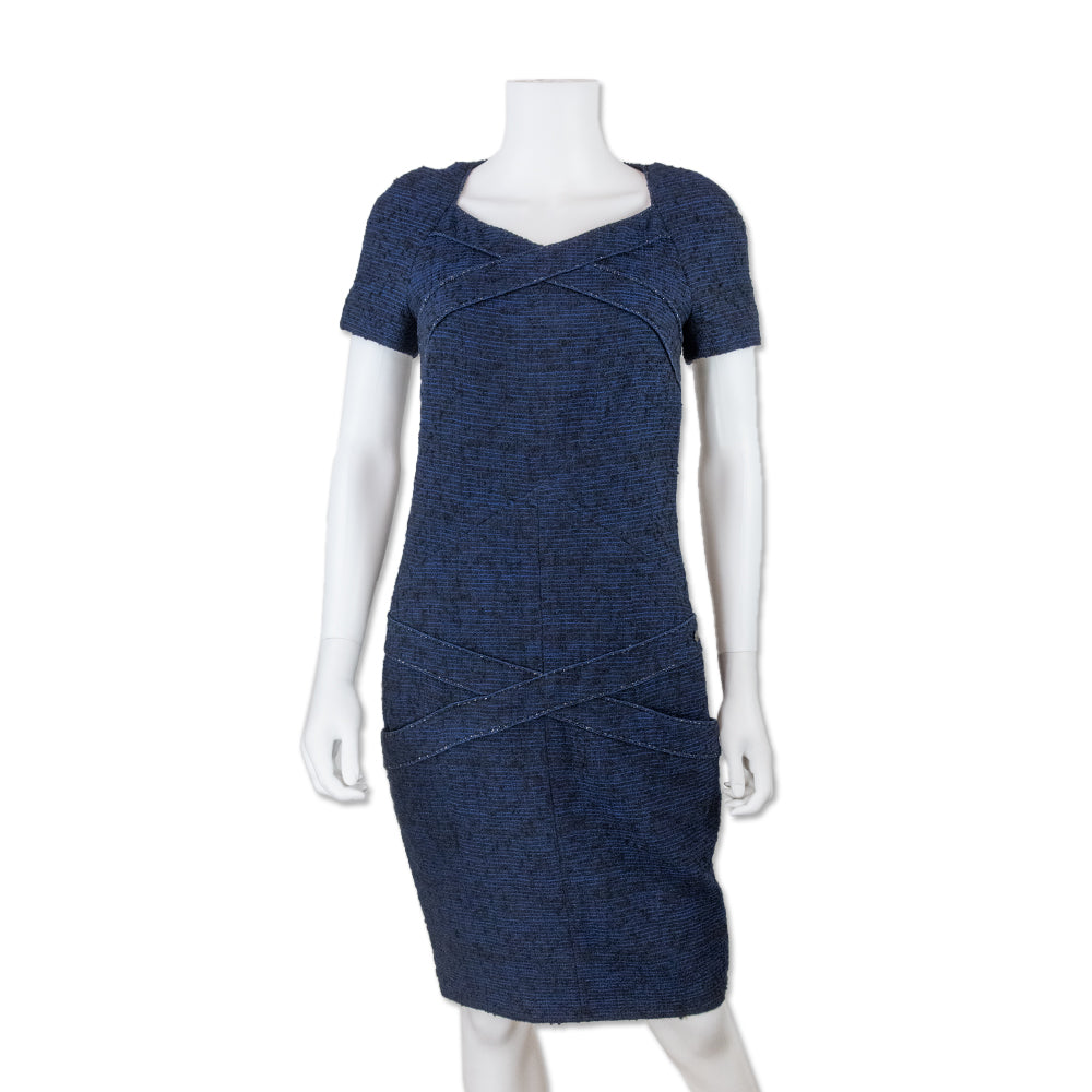 Chanel Blue and Black Tweed Shift Dress with Cross Pattern DBLTKE Luxury Consignment Boutique