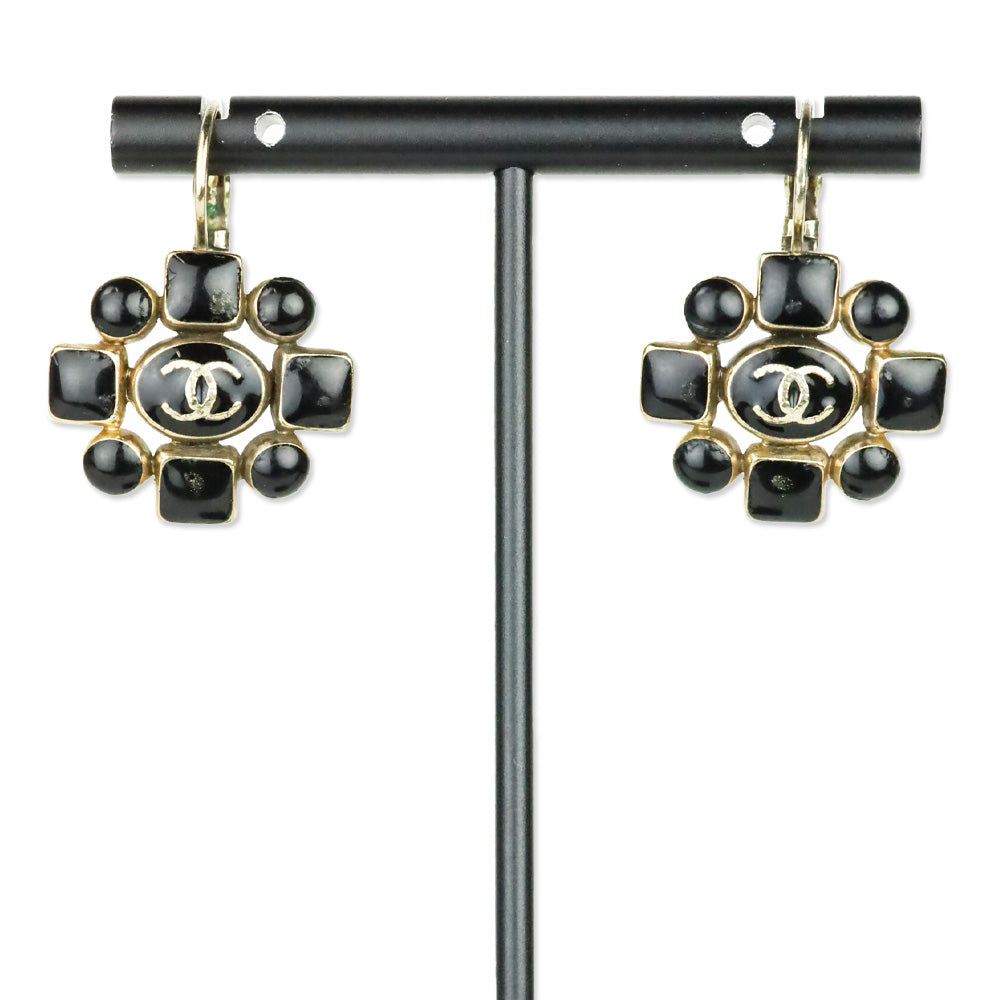 Chanel Gold Metal/Black Resin Flower CC Drop Earrings