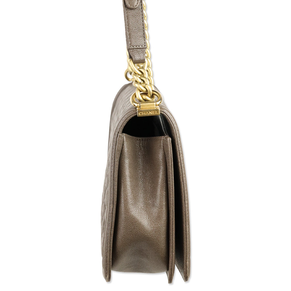 Chanel Taupe Caviar Leather Antique Gold Hardware New Medium Boy Bag