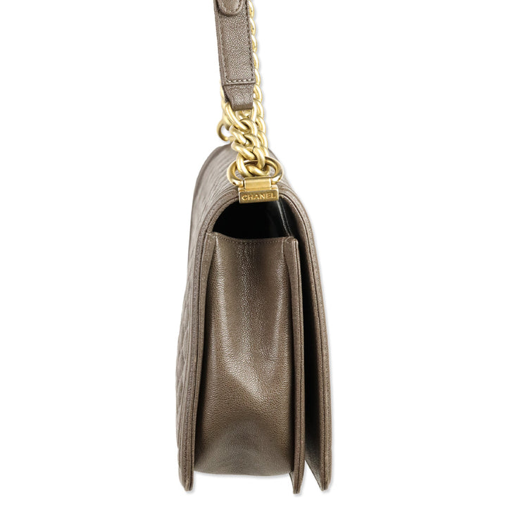 Chanel Taupe Caviar Leather Antique Gold Hardware New Medium Boy Bag