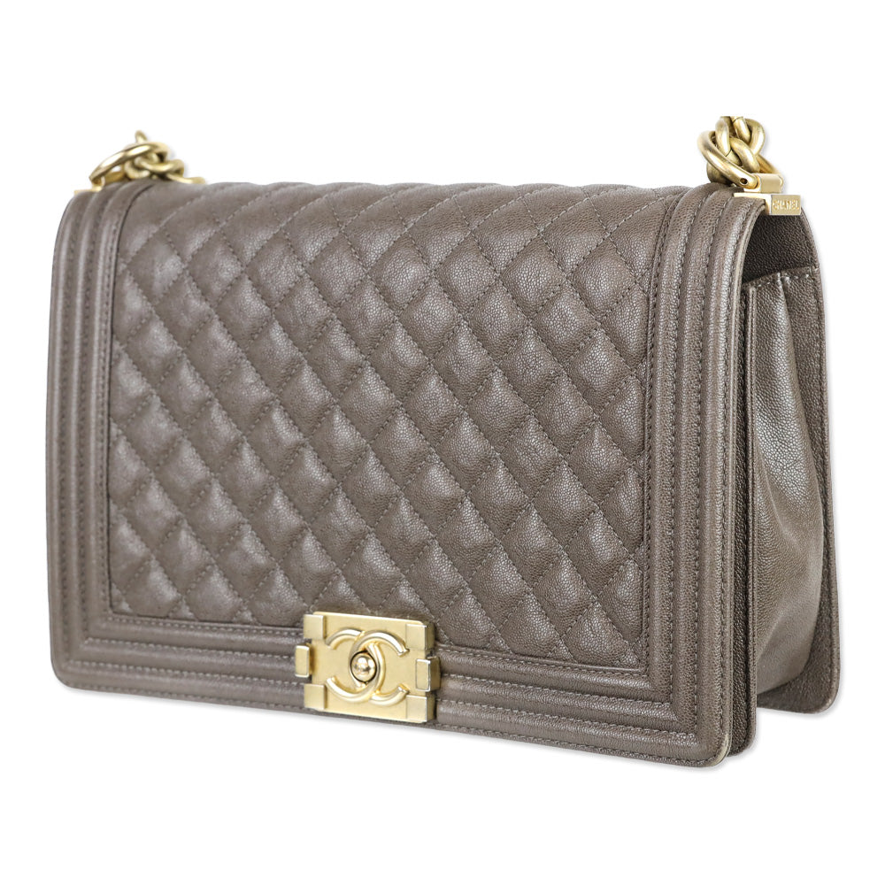 Chanel Taupe Caviar Leather Antique Gold Hardware New Medium Boy Bag