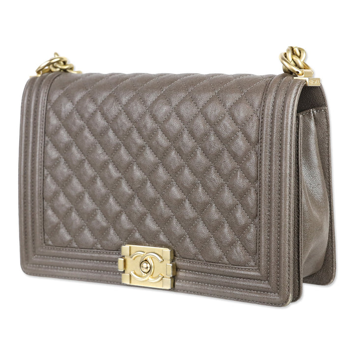 Chanel Taupe Caviar Leather Antique Gold Hardware New Medium Boy Bag