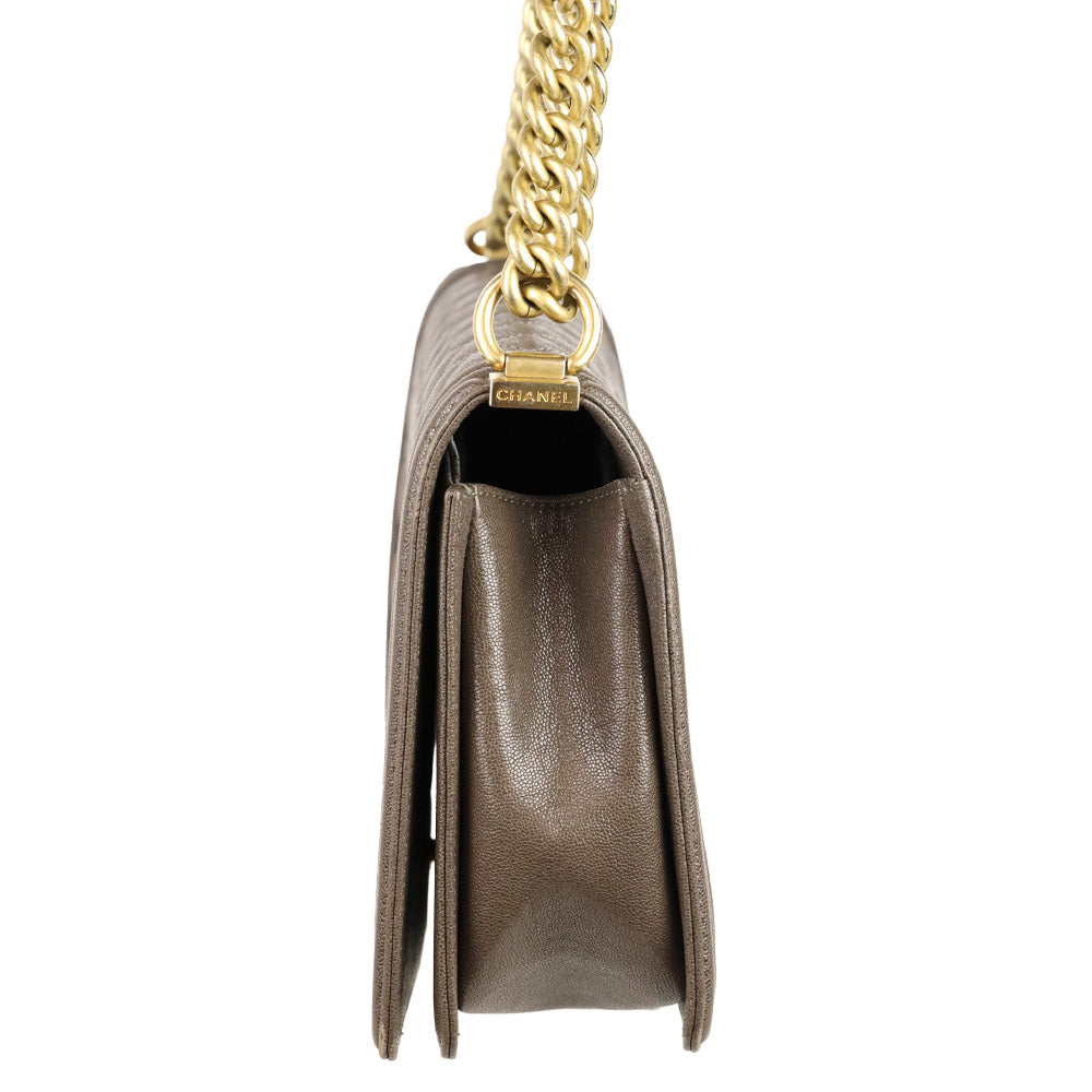 Chanel Taupe Caviar Leather Antique Gold Hardware New Medium Boy Bag