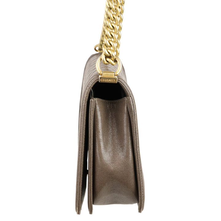 Chanel Taupe Caviar Leather Antique Gold Hardware New Medium Boy Bag