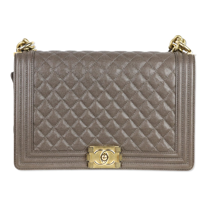 Chanel Taupe Caviar Leather Antique Gold Hardware New Medium Boy Bag