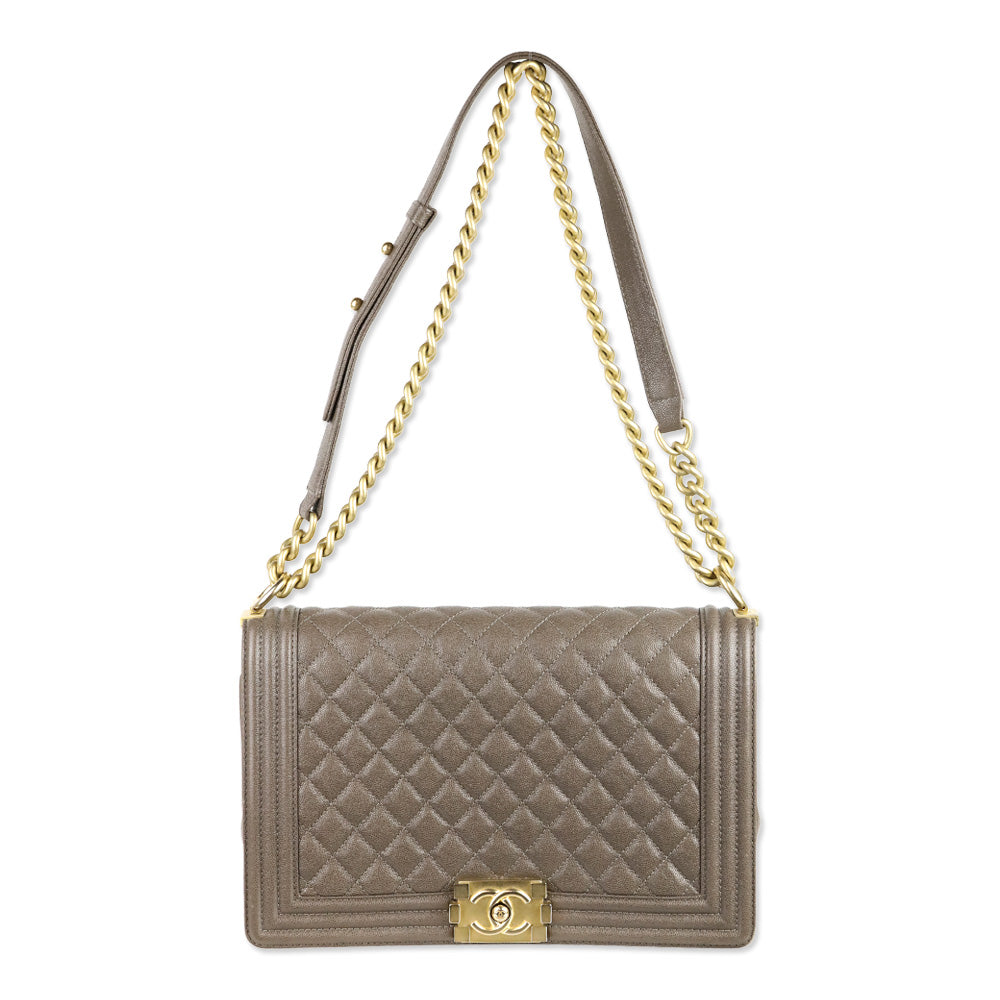 Chanel Taupe Caviar Leather Antique Gold Hardware New Medium Boy Bag
