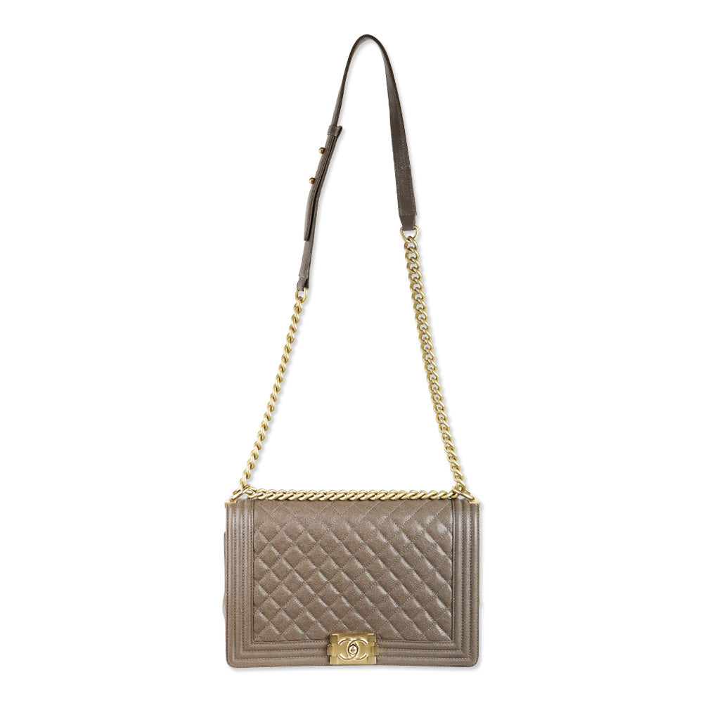 Chanel Taupe Caviar Leather Antique Gold Hardware New Medium Boy Bag