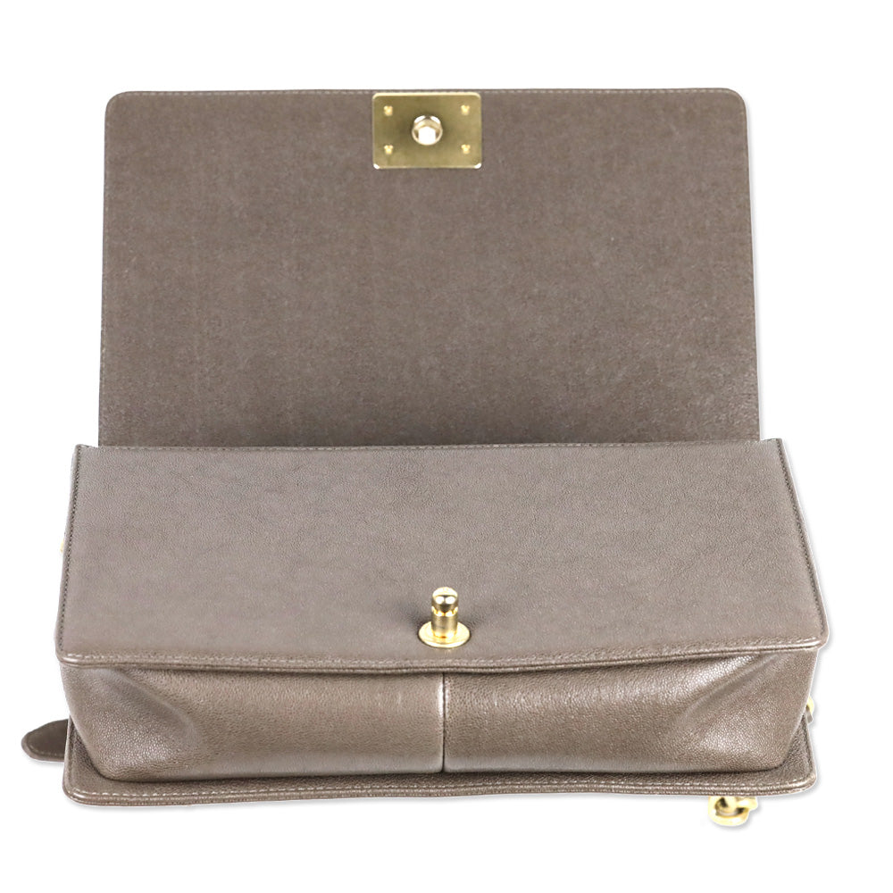 Chanel Taupe Caviar Leather Antique Gold Hardware New Medium Boy Bag