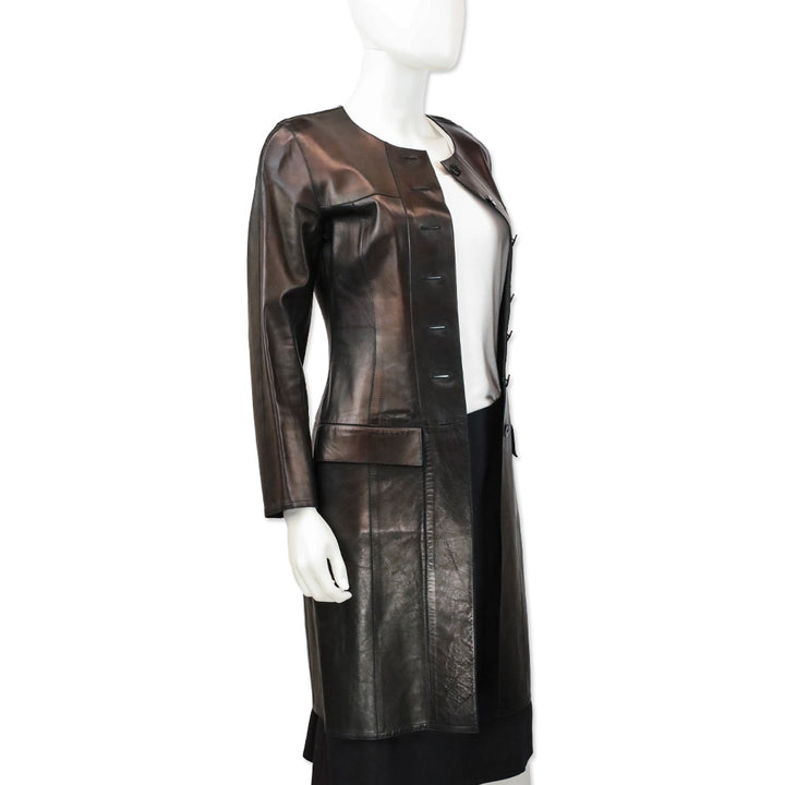 Chanel Vintage 1999 Metallic Bronze Leather Collarless Trench Coat