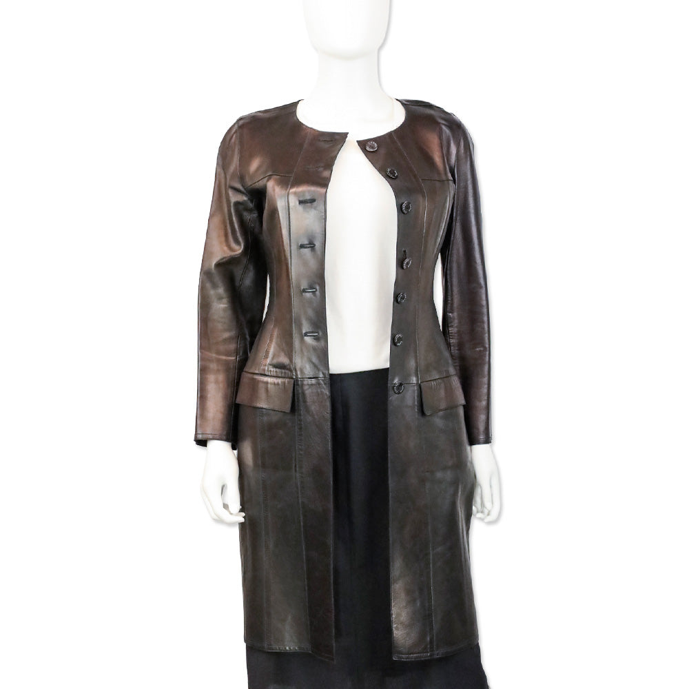 Chanel Vintage 1999 Metallic Bronze Leather Collarless Trench Coat