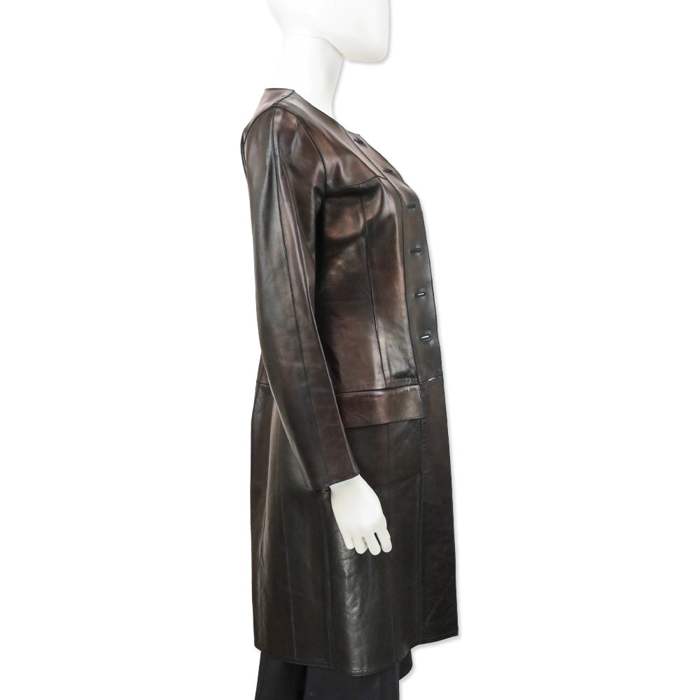 Chanel Vintage 1999 Metallic Bronze Leather Collarless Trench Coat