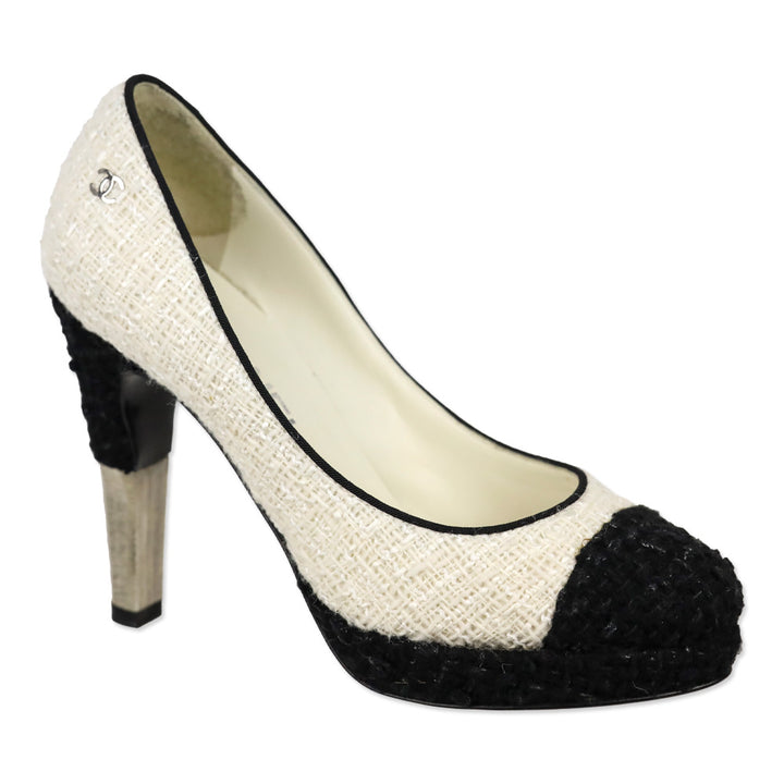 Chanel Ecru & Black Cap Toe Tweed Pumps