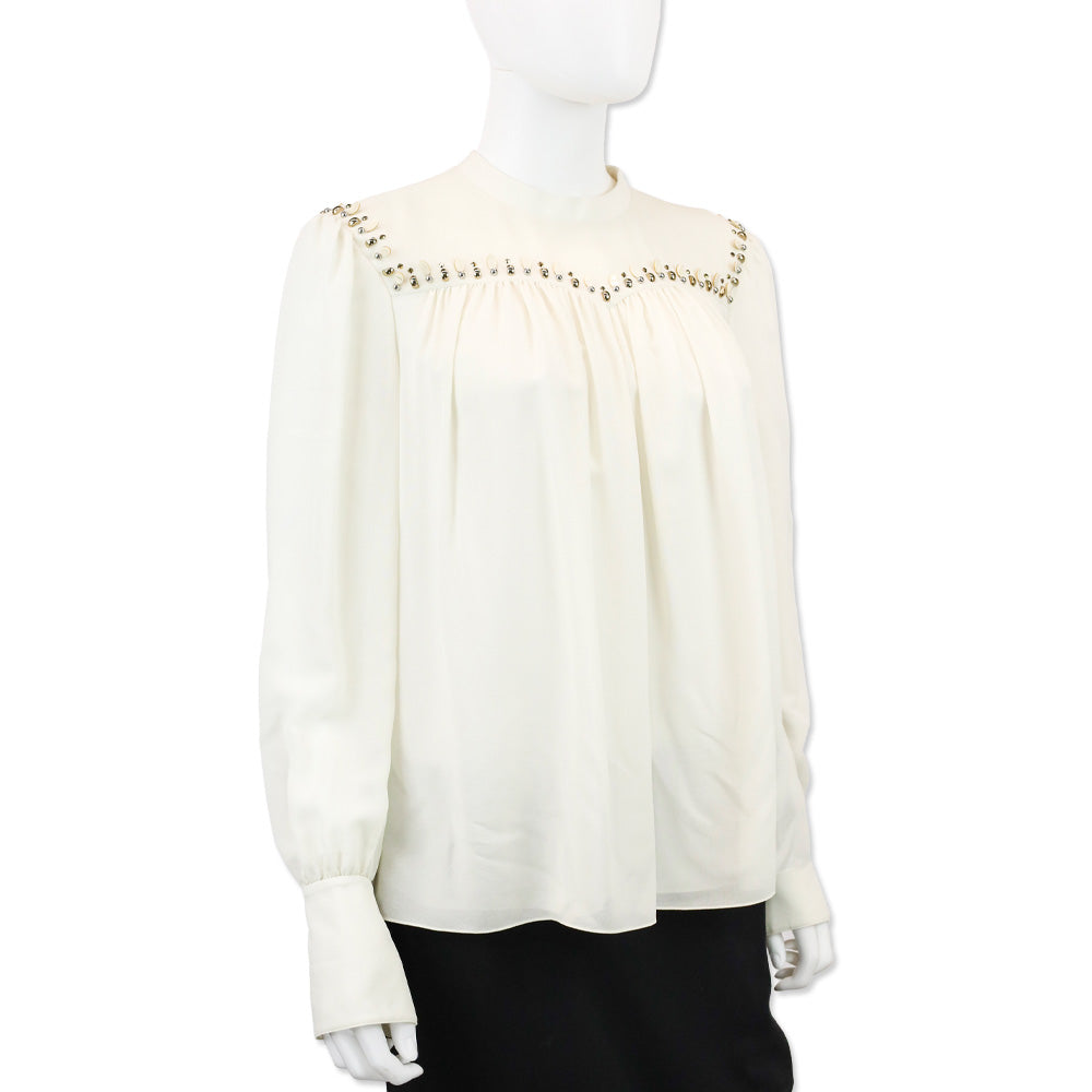 Chloé Ivory Sheer Silk Beaded Ruched Trim Blouse