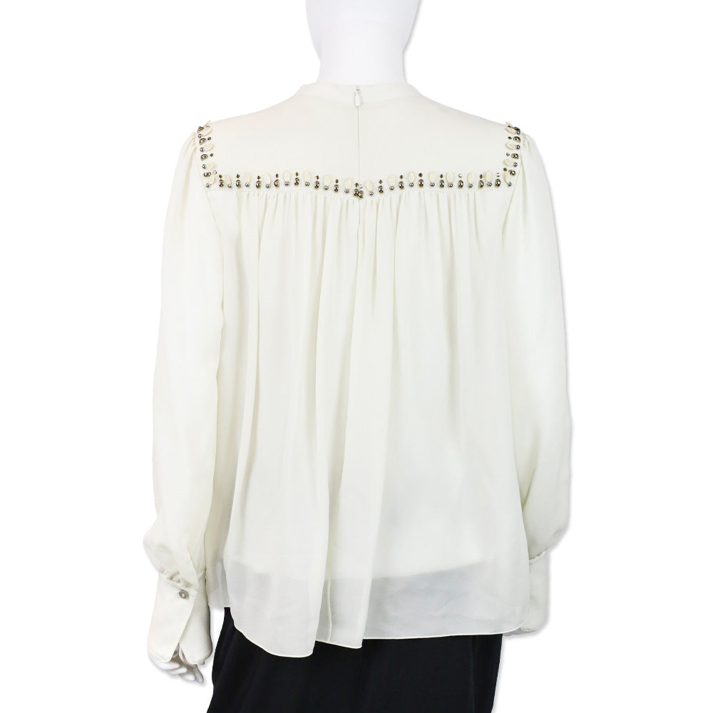Chloé Ivory Sheer Silk Beaded Ruched Trim Blouse
