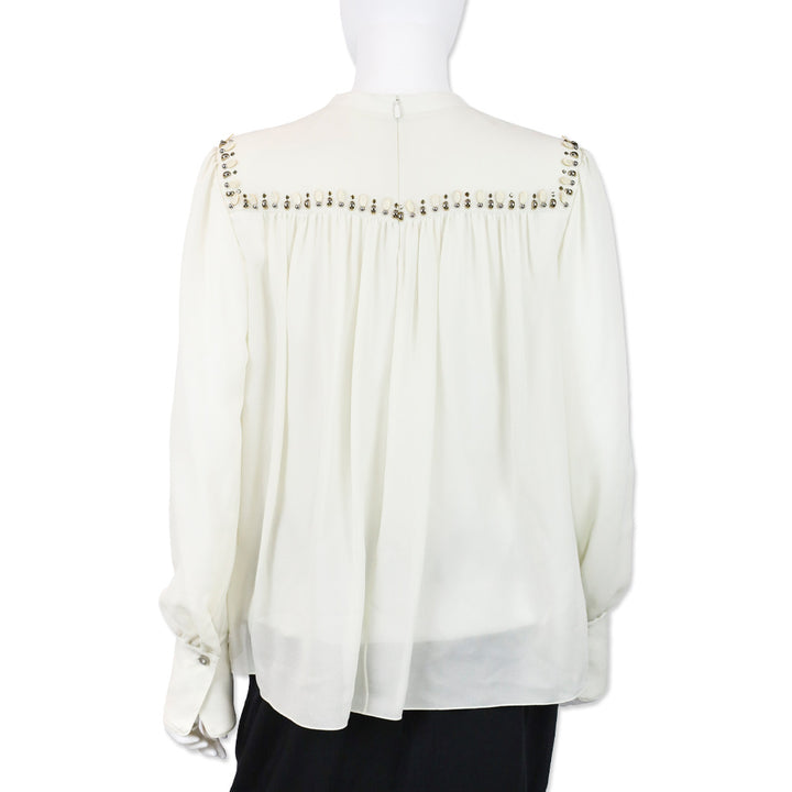 Chloé Ivory Sheer Silk Beaded Ruched Trim Blouse