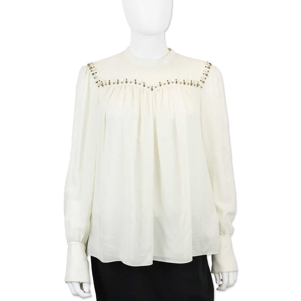 Chloé Ivory Sheer Silk Beaded Ruched Trim Blouse