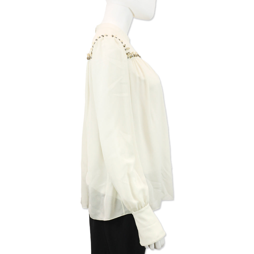 Chloé Ivory Sheer Silk Beaded Ruched Trim Blouse