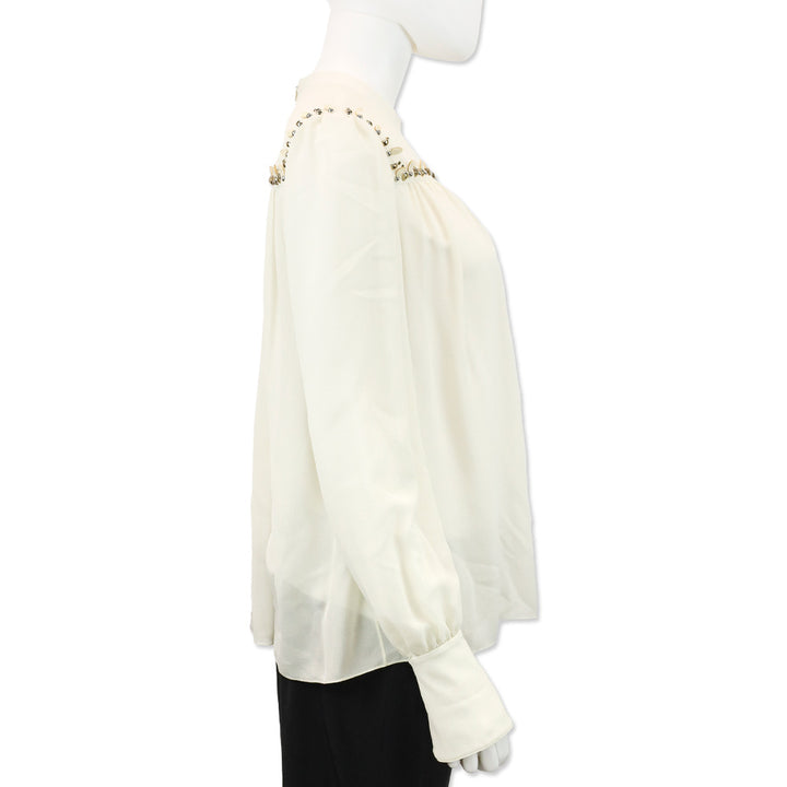 Chloé Ivory Sheer Silk Beaded Ruched Trim Blouse