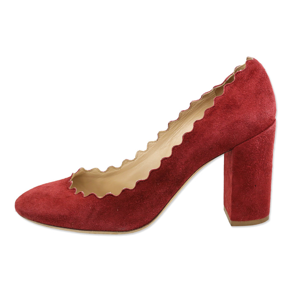 Chloé Lauren Bordeaux Suede Scalloped Block Heel Pumps