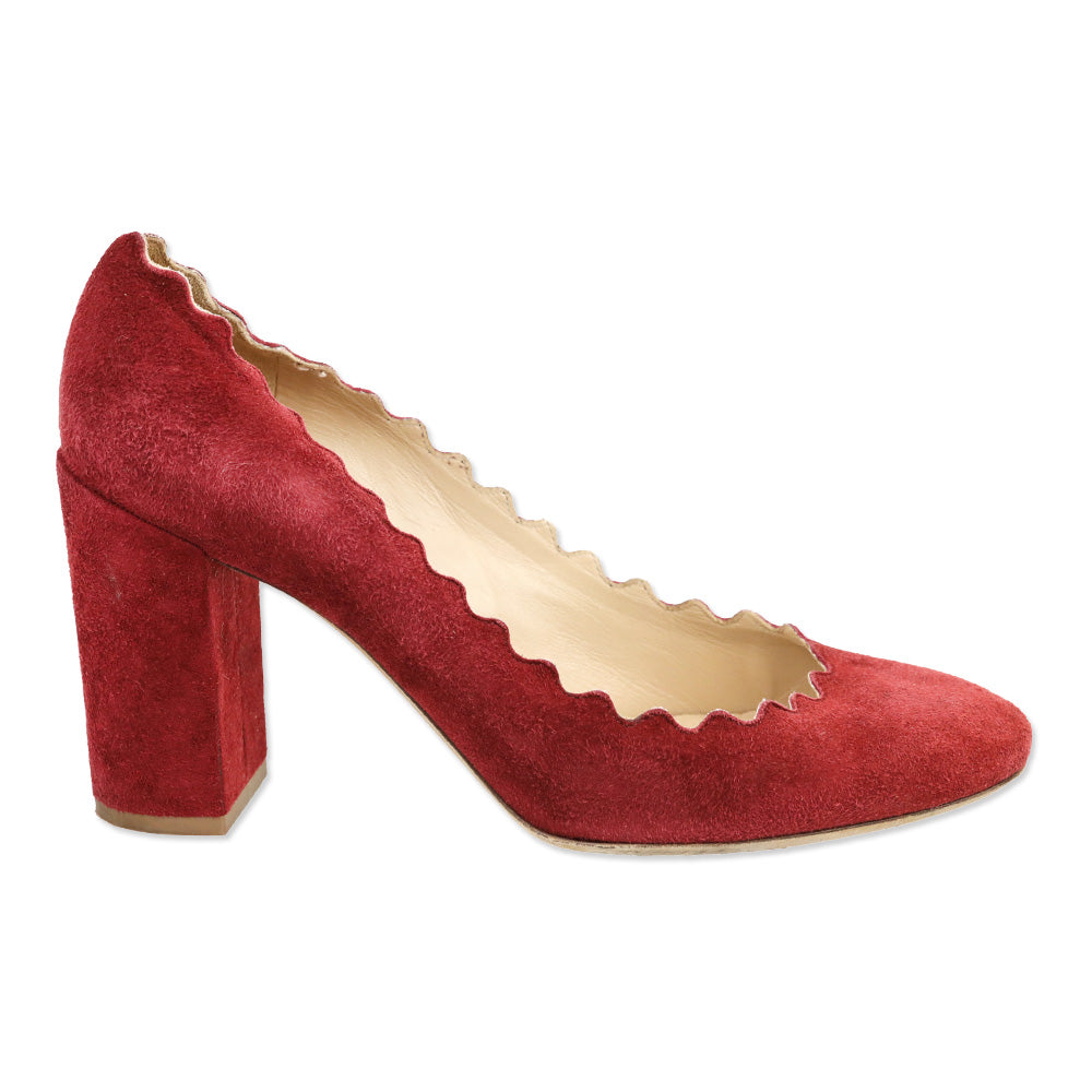 Chloé Lauren Bordeaux Suede Scalloped Block Heel Pumps