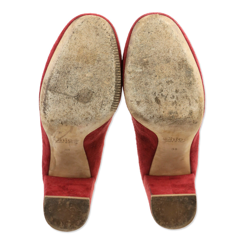 Chloé Lauren Bordeaux Suede Scalloped Block Heel Pumps