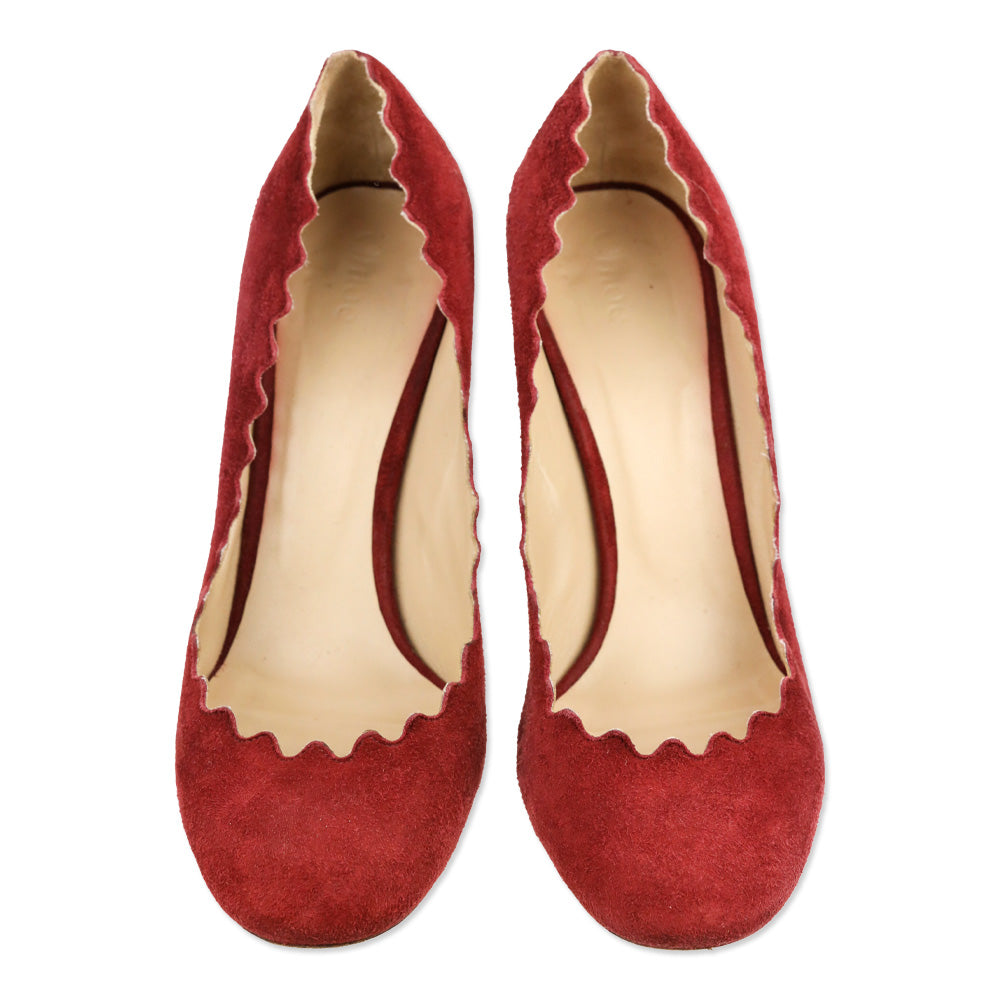 Chloé Lauren Bordeaux Suede Scalloped Block Heel Pumps