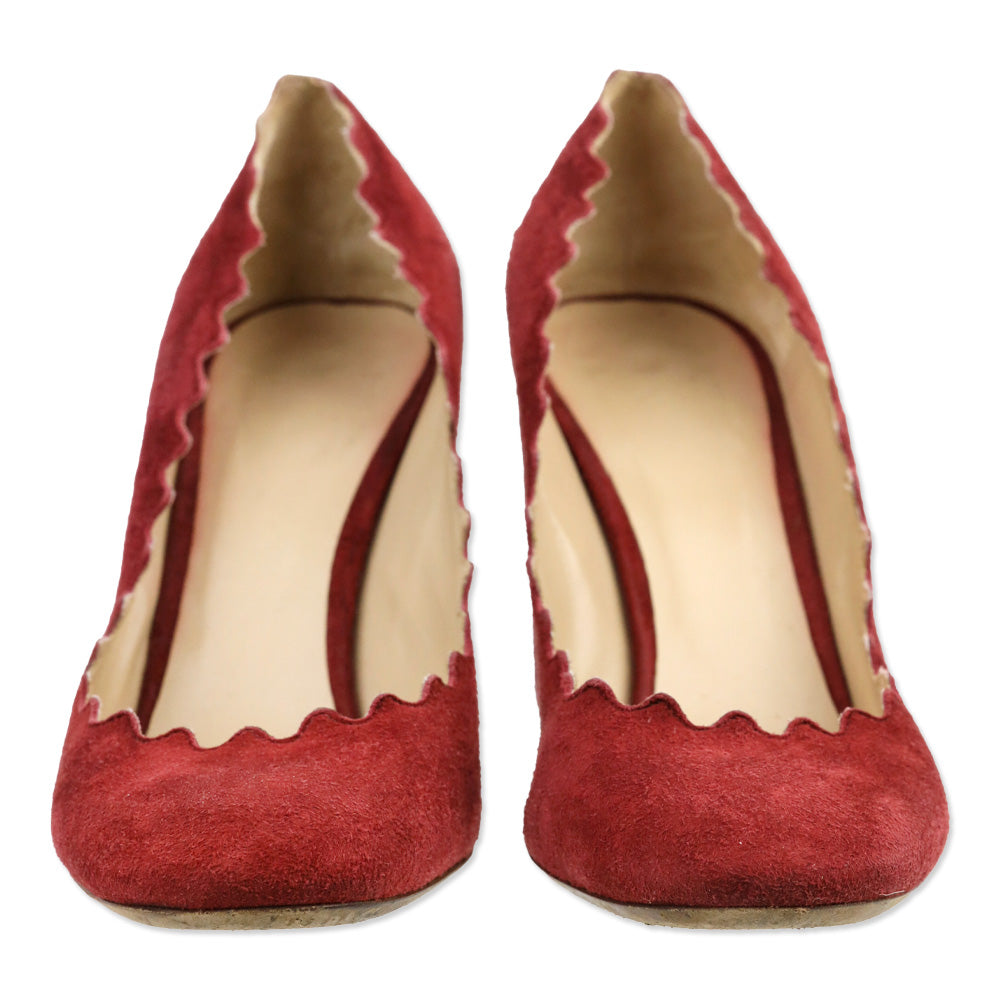 Chloé Lauren Bordeaux Suede Scalloped Block Heel Pumps