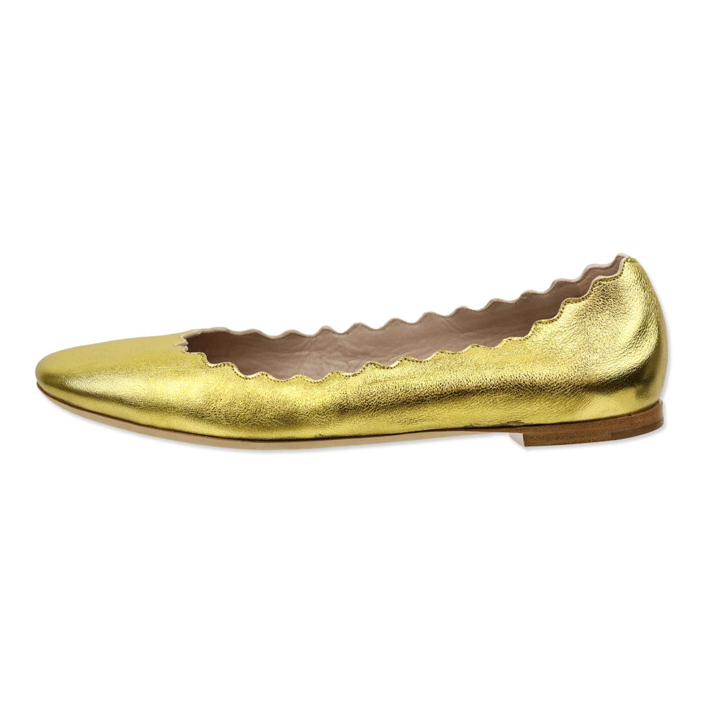 Chloé Lauren Scalloped Gold Metallic Leather Ballerina Flats