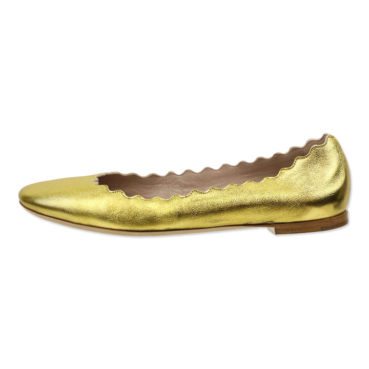 Chloé Lauren Scalloped Gold Metallic Leather Ballerina Flats