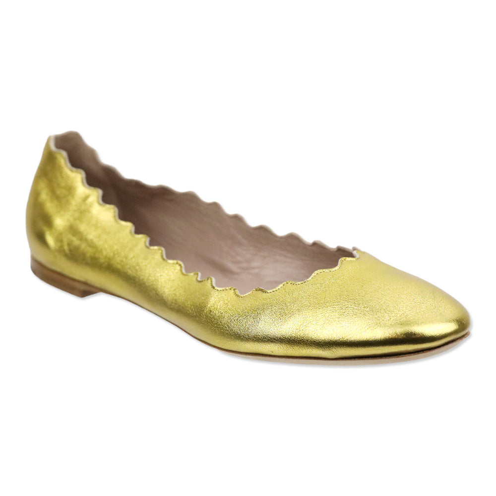 Chloé Lauren Scalloped Gold Metallic Leather Ballerina Flats
