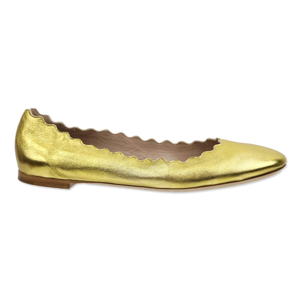 Chloé Lauren Scalloped Gold Metallic Leather Ballerina Flats