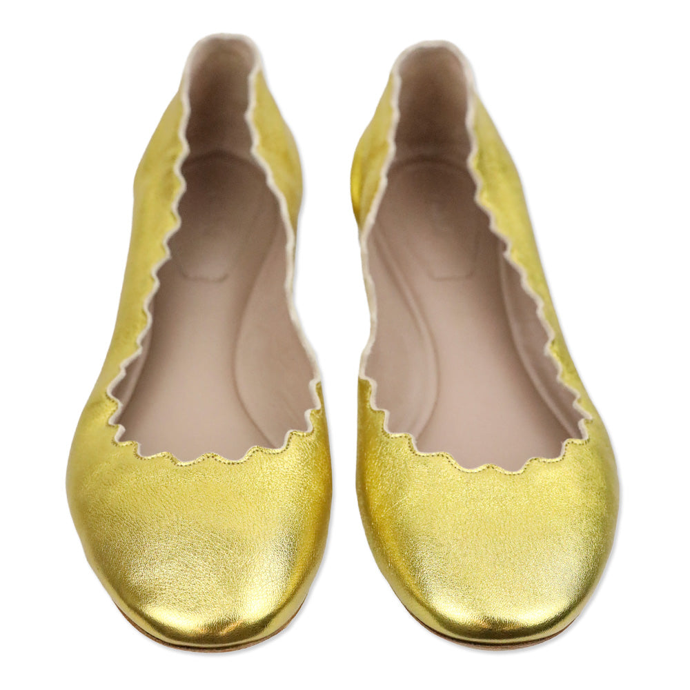 Chloé Lauren Scalloped Gold Metallic Leather Ballerina Flats
