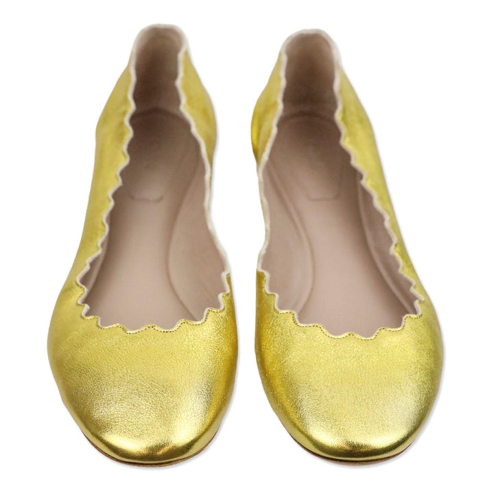 Chloé Lauren Scalloped Gold Metallic Leather Ballerina Flats