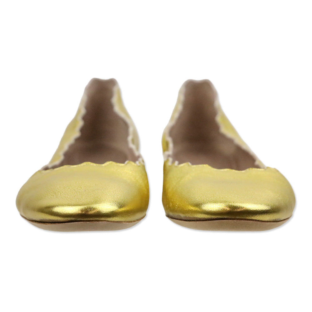 Chloé Lauren Scalloped Gold Metallic Leather Ballerina Flats