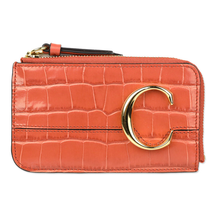 Chloé Tawny Orange C Croc-Embossed Leather Zip Card Holder