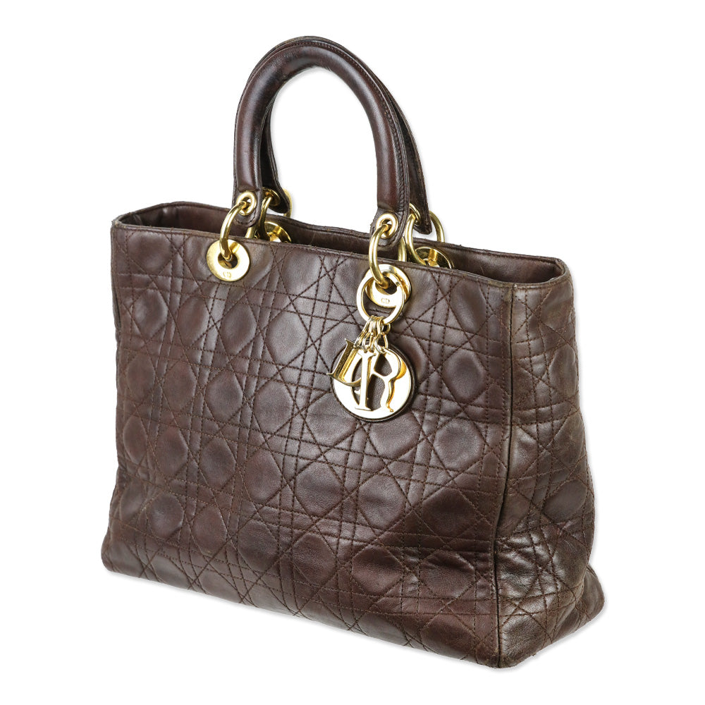 Christian Dior Brown Cannage Quilted Lambskin Leather Large Lady Dior Bag