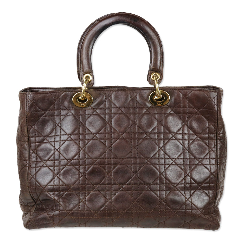 Christian Dior Brown Cannage Quilted Lambskin Leather Large Lady Dior Bag