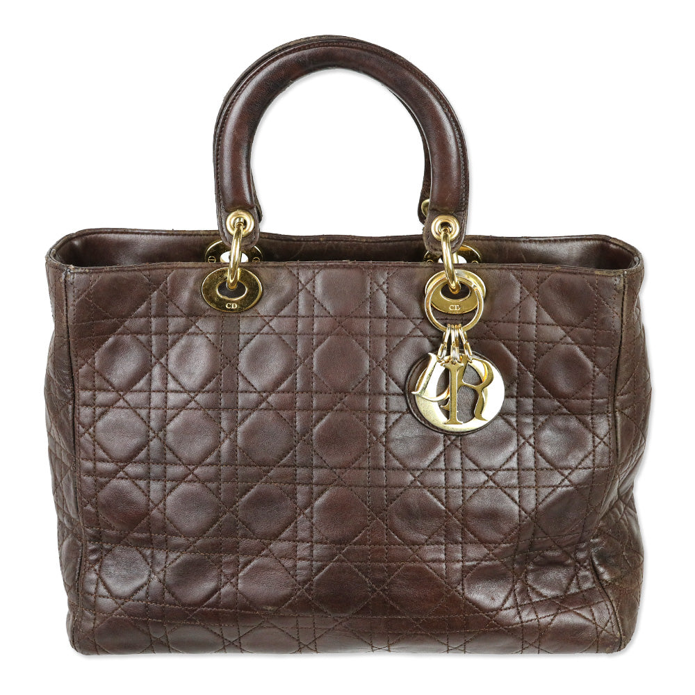 Christian Dior Brown Cannage Quilted Lambskin Leather Large Lady Dior Bag