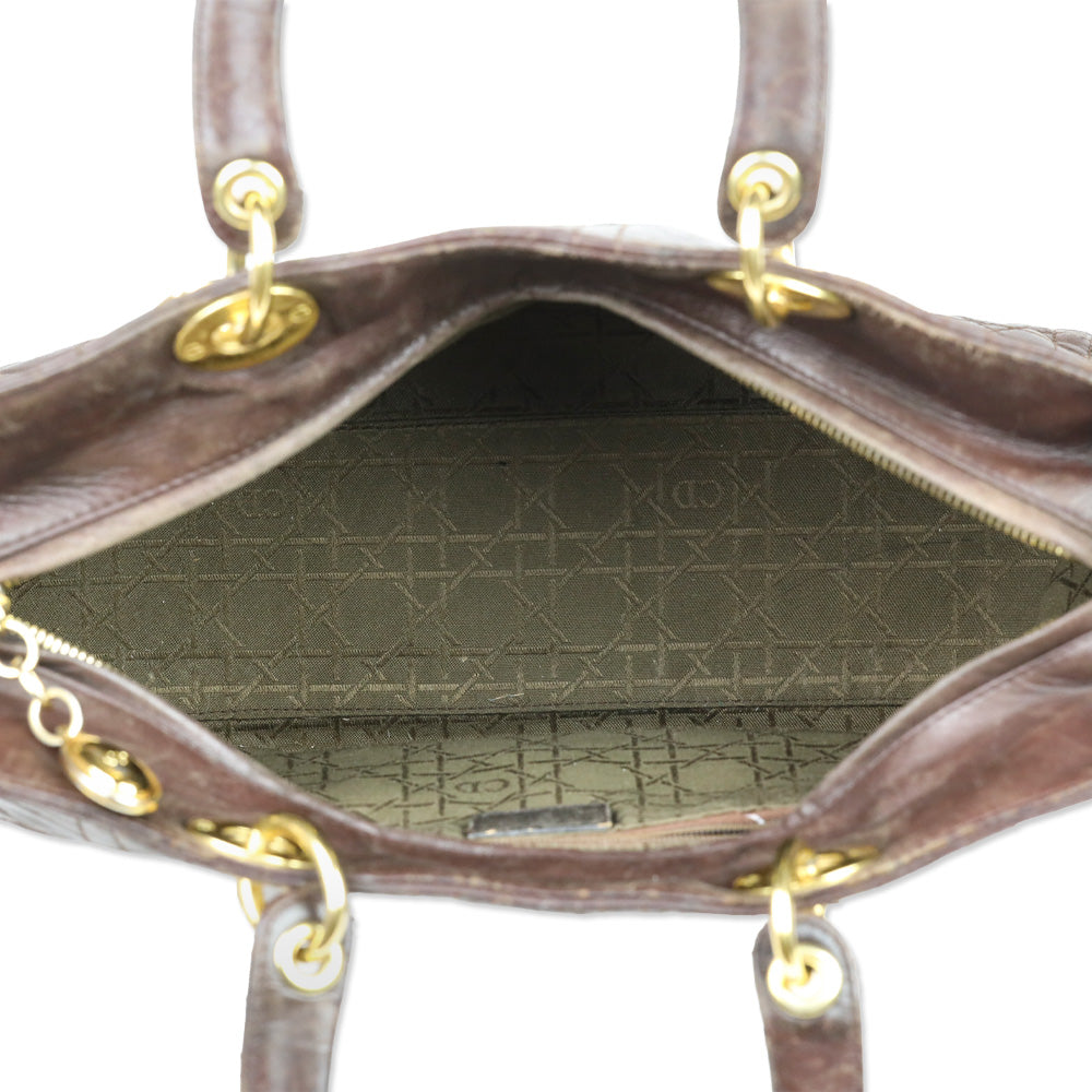 Christian Dior Brown Cannage Quilted Lambskin Leather Large Lady Dior Bag
