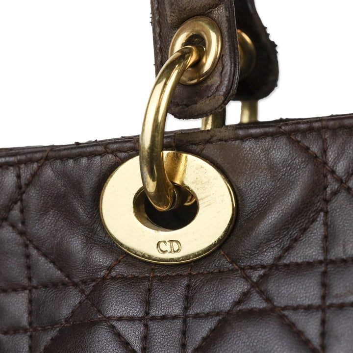 Christian Dior Brown Cannage Quilted Lambskin Leather Large Lady Dior Bag