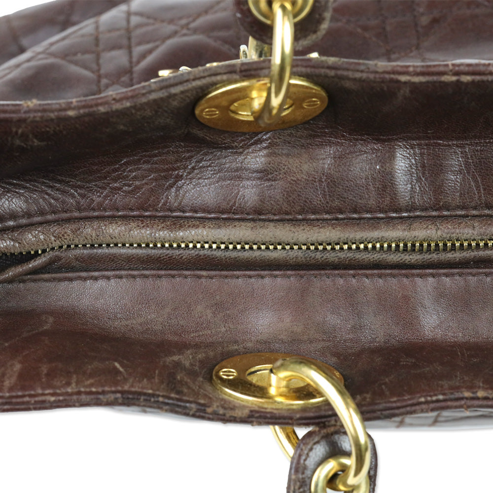 Christian Dior Brown Cannage Quilted Lambskin Leather Large Lady Dior Bag