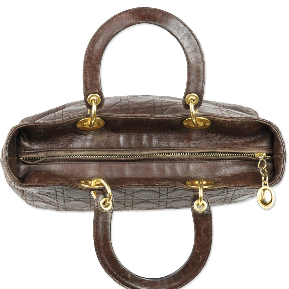 Christian Dior Brown Cannage Quilted Lambskin Leather Large Lady Dior Bag