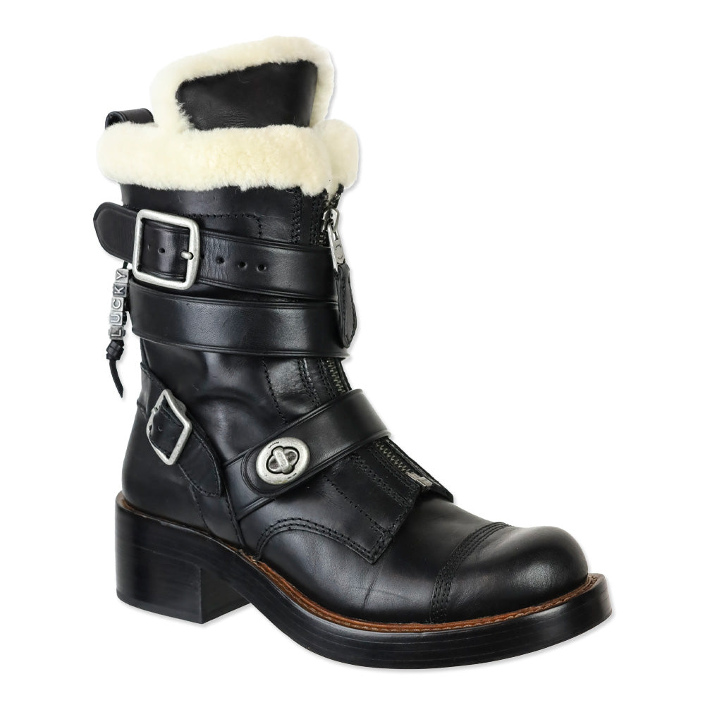 Coach Black Vegan Leather Shearling Zip Moto Boots