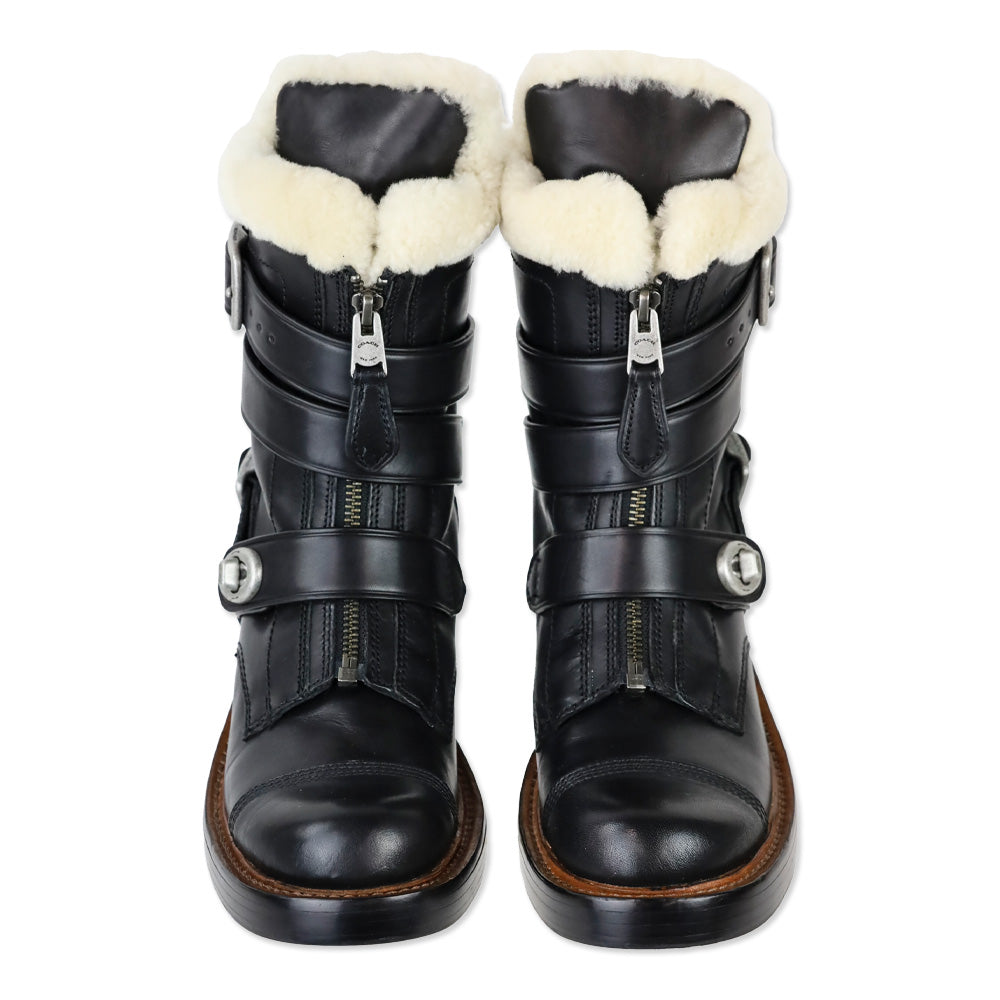 Coach Black Vegan Leather Shearling Zip Moto Boots