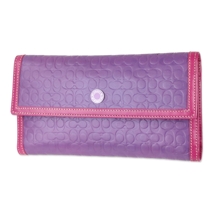 Coach Purple Leather Signature Monogram Embossed Colorblock Trifold Checkbook Wallet