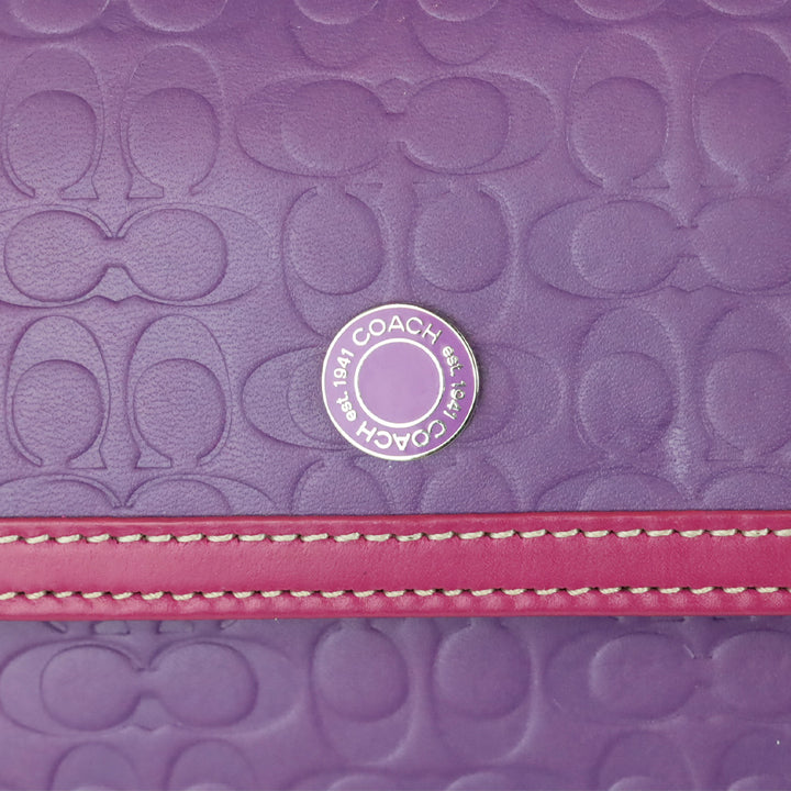 Coach Purple Leather Signature Monogram Embossed Colorblock Trifold Checkbook Wallet